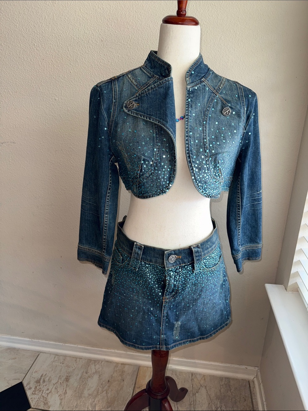 Allen B. By Allen Schwartz Embellished Denim Jacket and Mini Skirt Set in Blue
